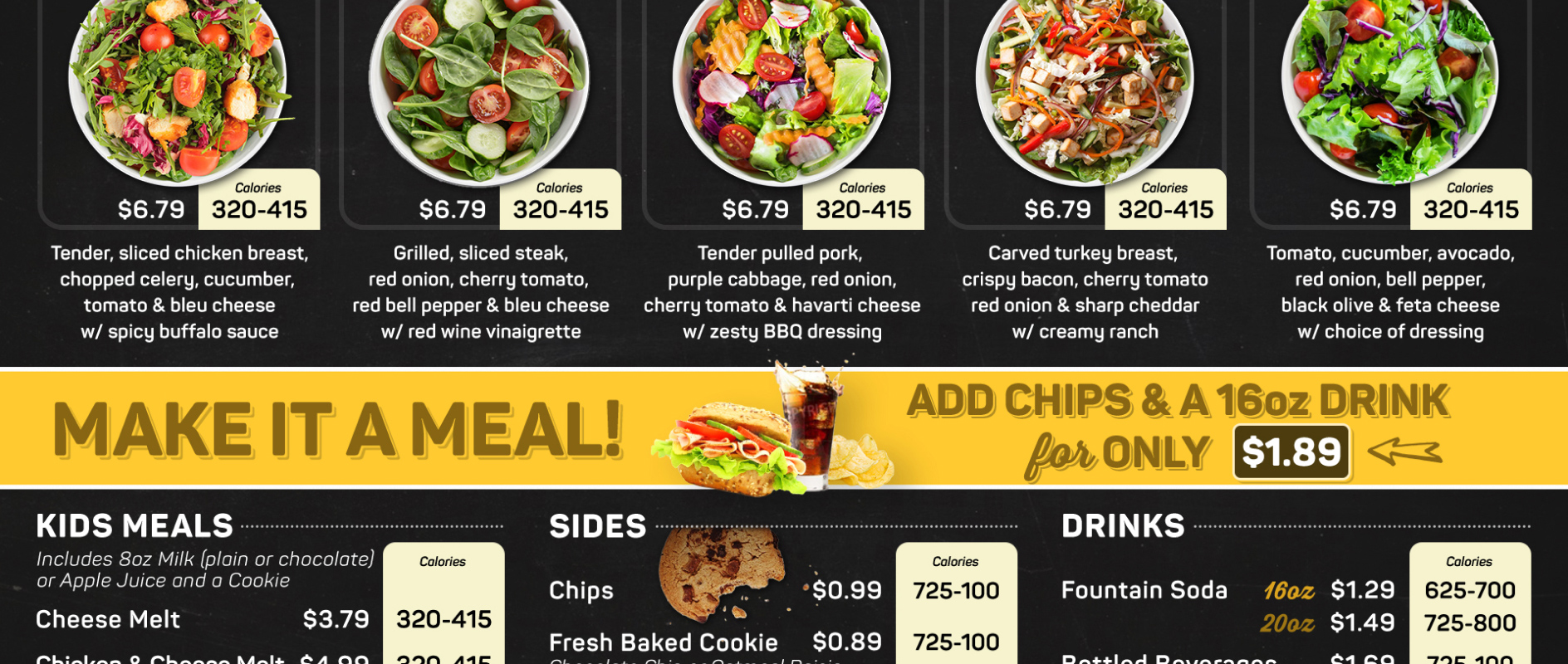 A close-up of a digital menu board showcasing signature salads. 